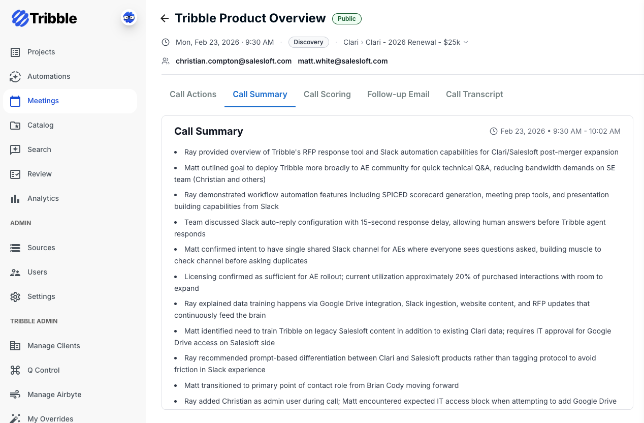Tribble AI Sales Agent meeting summary workspace with action items and follow-up context